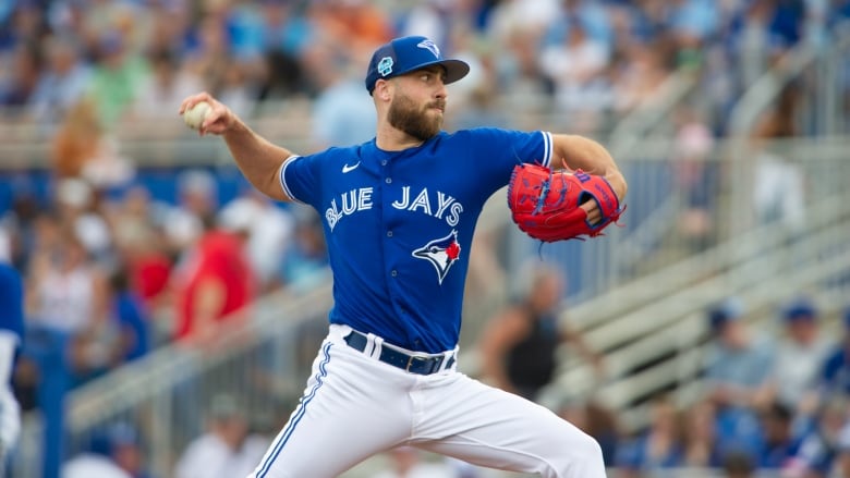 A man with a beard, wearing a blue baseball jersey, grey pants and a red baseball glove, draws his arm back to deliver a pitch on a baseball field.