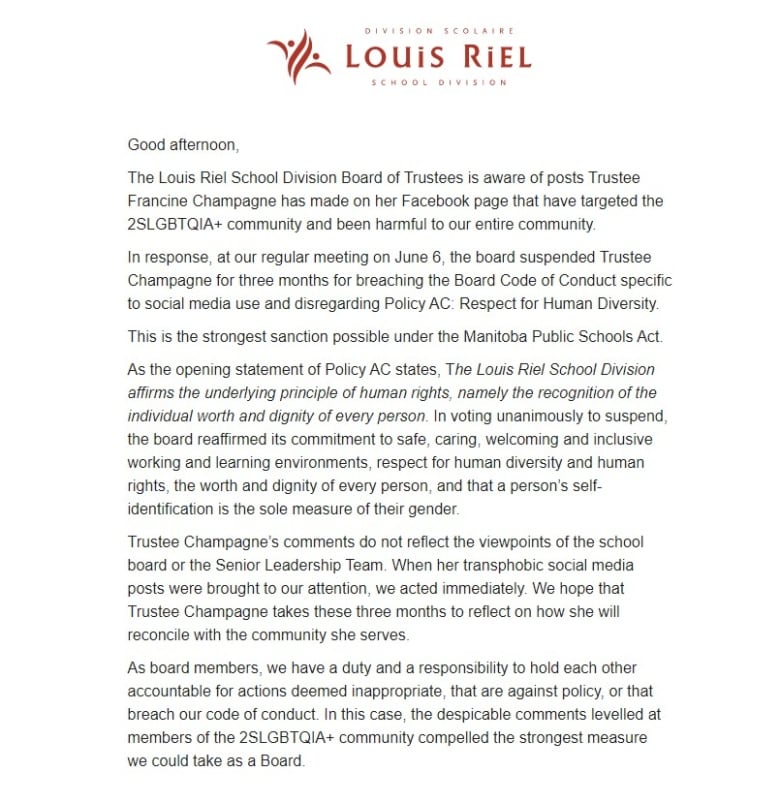A letter with the letterhead of Louis Riel School Division.