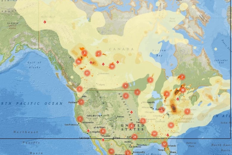 A map of North America, with shading showing where there is wildfire smoke. 