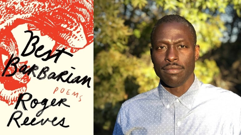 An orange-and-white poetry book cover, a Black man in blue dress shirt with small white polka dots looks into the camera with a small smile.