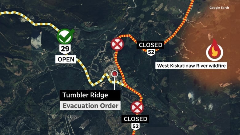 A map shows evacuees to use Highway 29 as the route out of Tumbler Ridge, B.C. Highway 52 and Boundary Road are closed.